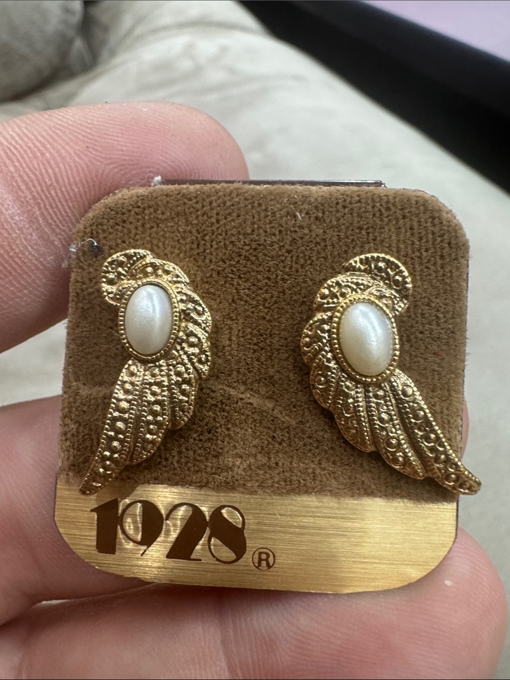 Gold-Tone Wing Pearl Stud Earrings 1928